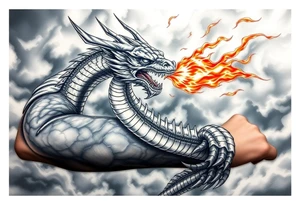 fierce dragon breathing iridescent fire against stormy skies tattoo idea