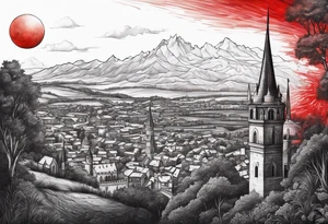 black solar eclipse with red light shining behind it, dark fantasy landscape/medieval city tattoo idea