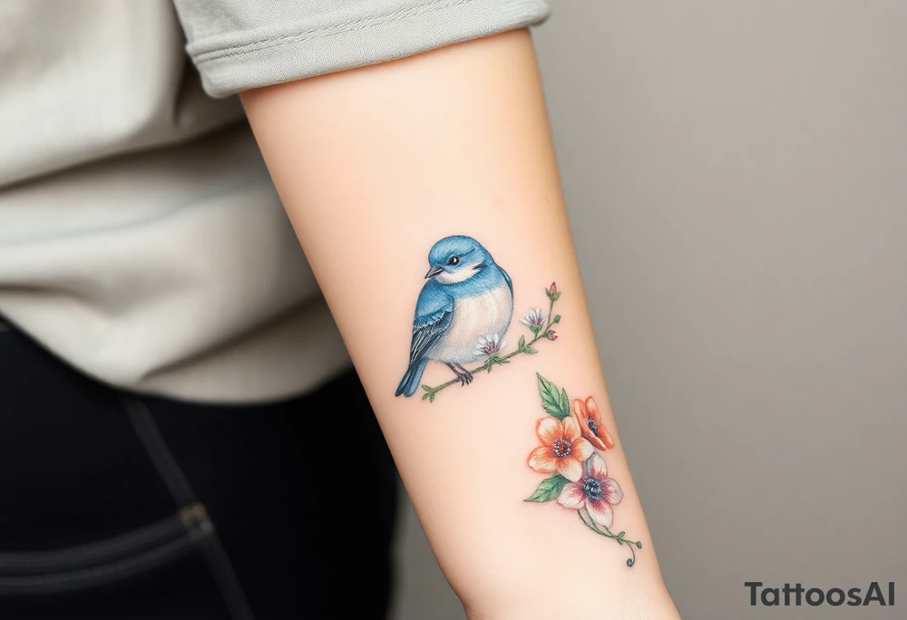 Puffy bluebird surrounded by wild flowers tattoo idea