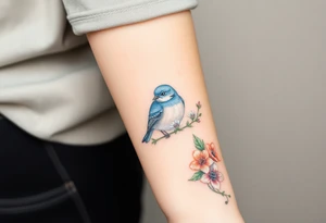 Puffy bluebird surrounded by wild flowers tattoo idea