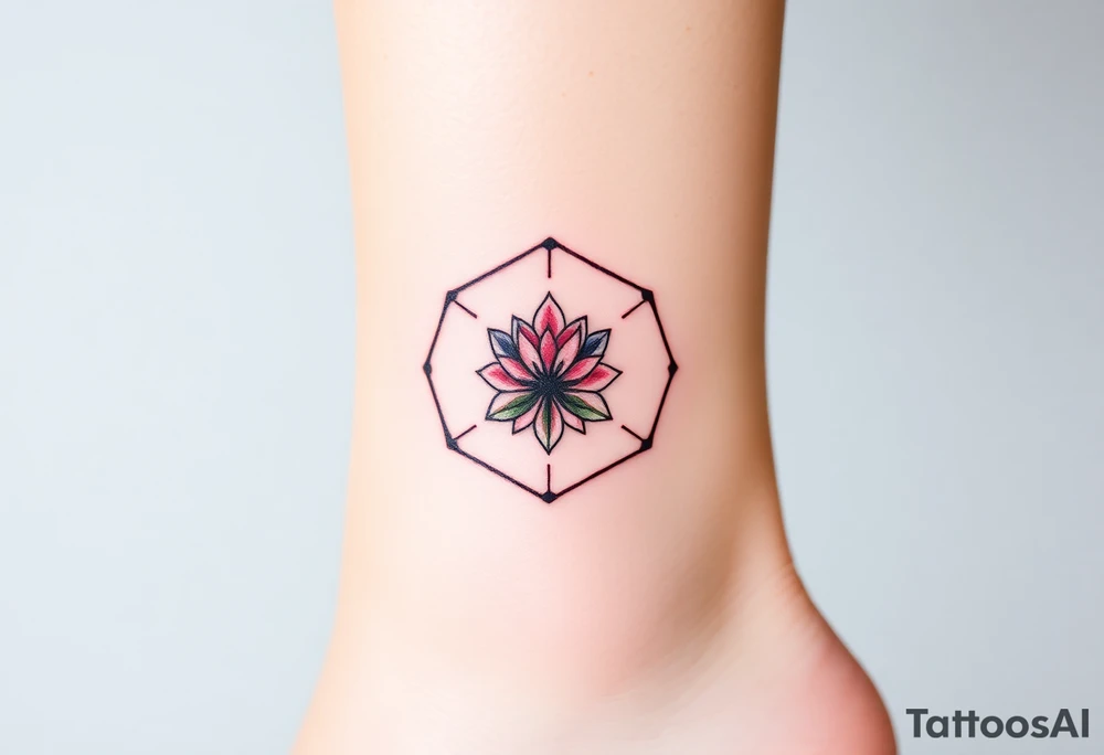 Faint Hexagon with astrological sign for Leo, larkspur and water lilies in the center tattoo idea