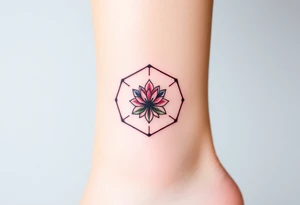 Faint Hexagon with astrological sign for Leo, larkspur and water lilies in the center tattoo idea