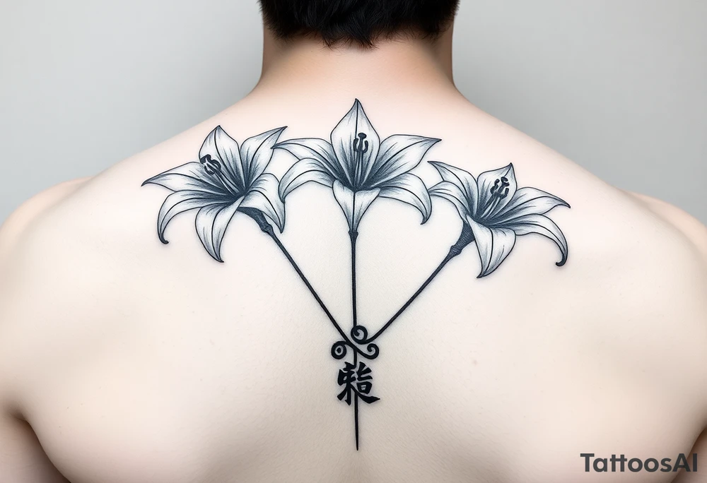 On the shoulder I want 3 spider Lillies flowers that are flown look royal think and long and at the end of the stem I want it to curl up and then at the bottom I want their to be a symbol in Chinese that means love tattoo idea