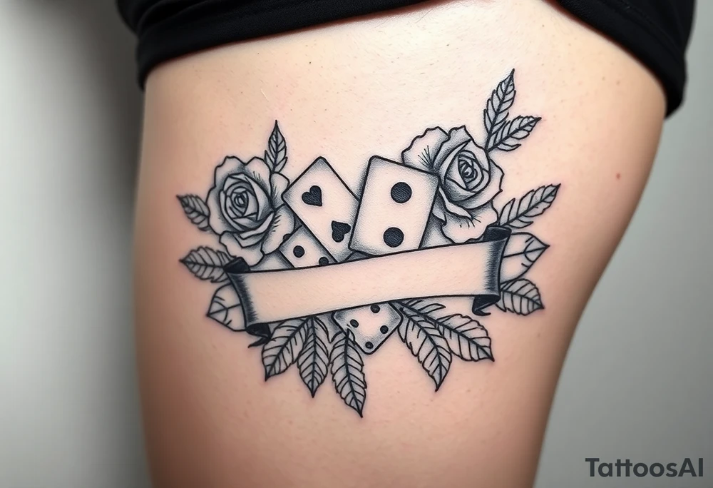 Roses cards dice leaves banner tattoo idea