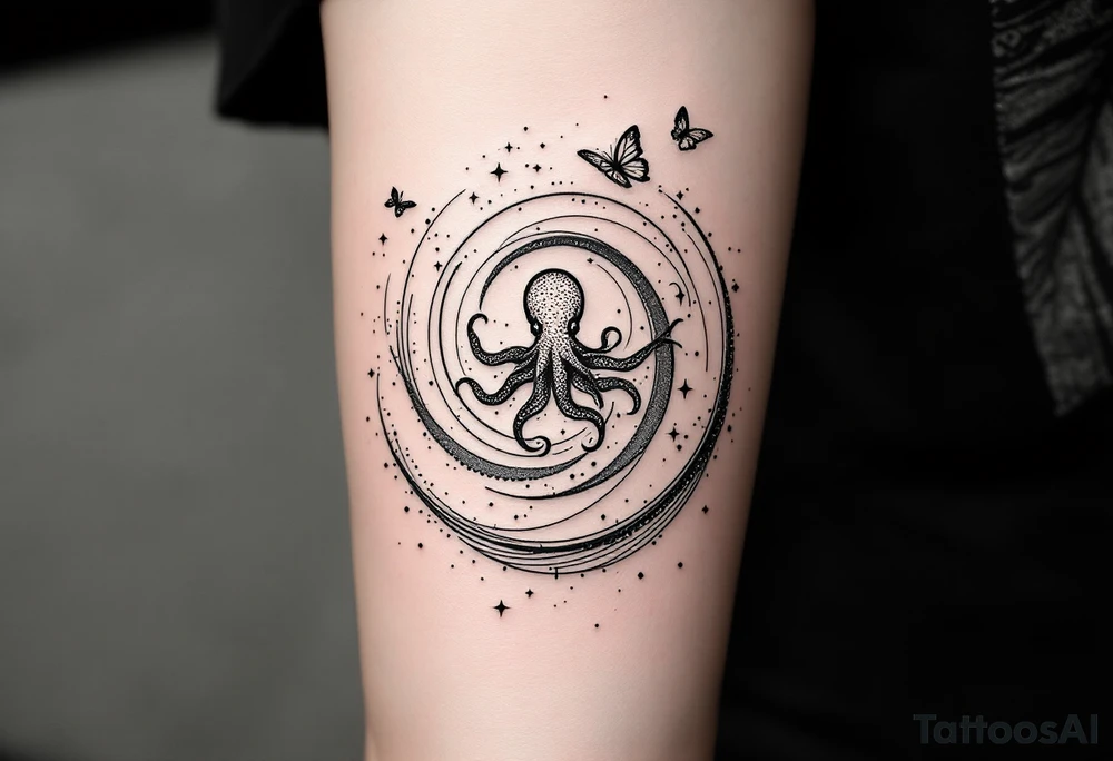 A minimalist dotwork tattoo design in the shape of a spiral galaxy. In the center, a small octopus is subtly integrated into the swirl, with flowing tentacles that extend along the spiral arms. The tentacles transform into elegant, curving lines resembling the flowing tails of koi or betta fish, partially in black ink and partially in fine red lines. Small stars are scattered throughout the galaxy shape, and two delicate butterflies hover near the edges. cosmic abstraction style, dotwork, fine line, with elements of Japanese graphic tattoo flow, minimalist octopus tattoo idea