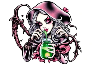 Female grim drinks death potion to get reaper power tattoo idea