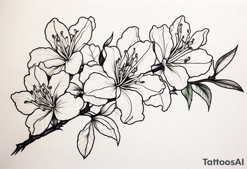 5-petal Azaleas, spread out along a long branch tattoo idea