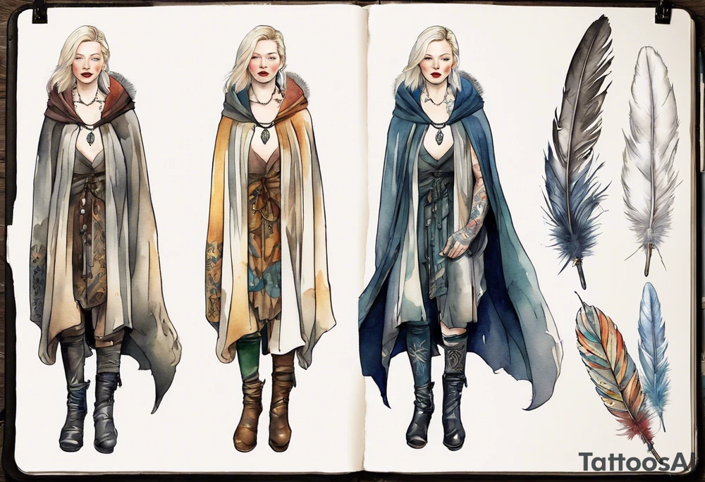 Cate Blanchette wearing medieval cloak  and boots and white feather necklace tattoo idea