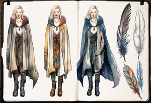 Cate Blanchette wearing medieval cloak  and boots and white feather necklace tattoo idea