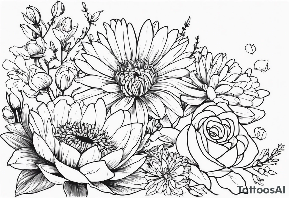 Asters, roses, Lillies, chrysanthemums in a stretched line tattoo idea