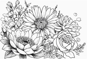 Asters, roses, Lillies, chrysanthemums in a stretched line tattoo idea