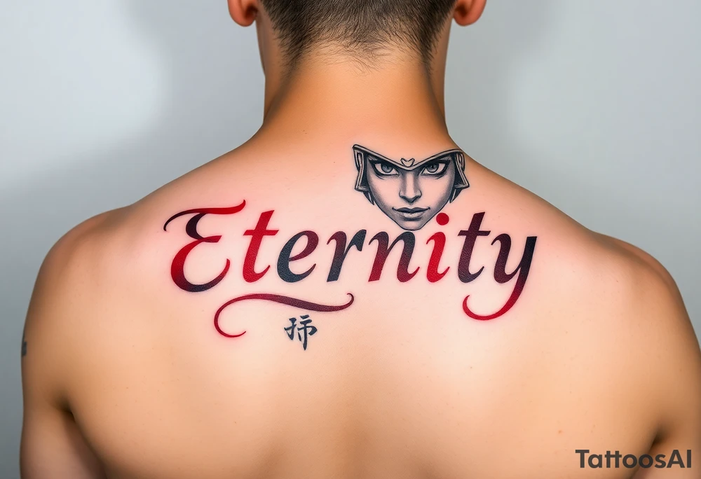Eternity in elegant font in red and samurai girl with an over her face tattoo idea