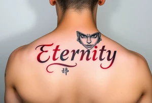 Eternity in elegant font in red and samurai girl with an over her face tattoo idea