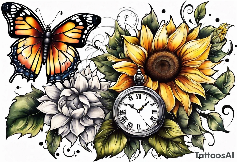 Sleeve with clock, sunflower and butterfly tattoo idea
