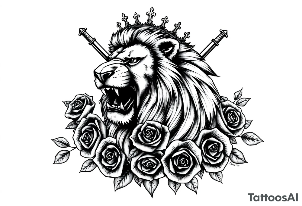 Majestic lion roaring, crown askew, crossed swords behind mane, dark roses cascading down. tattoo idea