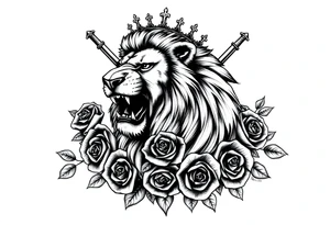 Majestic lion roaring, crown askew, crossed swords behind mane, dark roses cascading down. tattoo idea