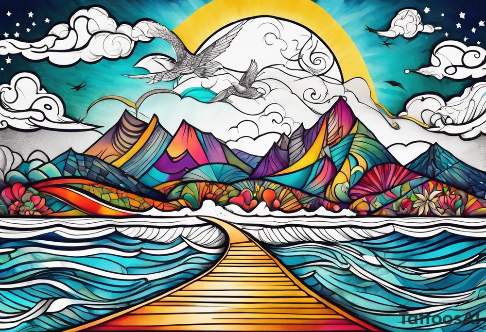 Beach and mountains tattoo idea