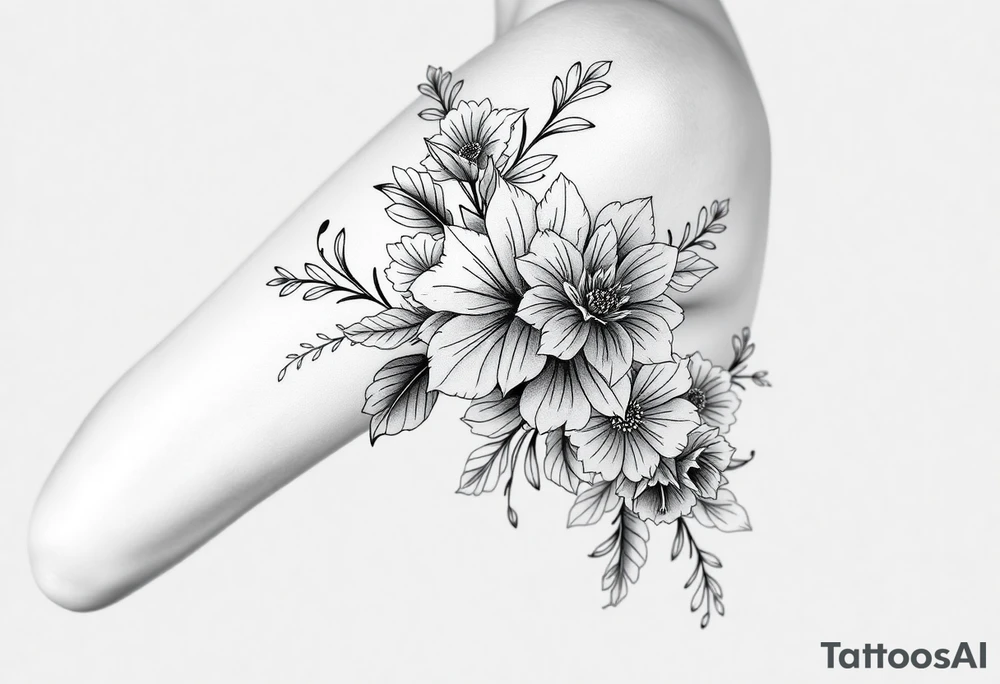 floral composition with japanese vibe, mutiple ornemental patern and leaf, dot geometric ornement, lycoris tattoo idea