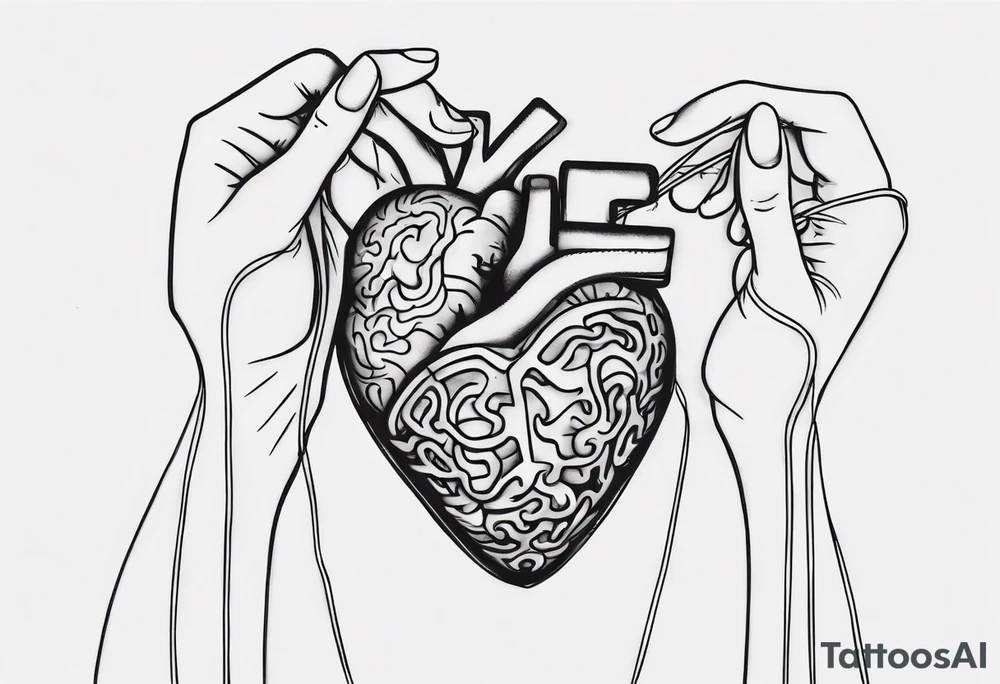 Heart and brain in line art, held down by a woman's hand holding them by string tattoo idea Heart and brain in line art, held down by a woman's hand holding them by string tattoo idea