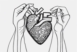 Heart and brain in line art, held down by a woman's hand holding them by string tattoo idea