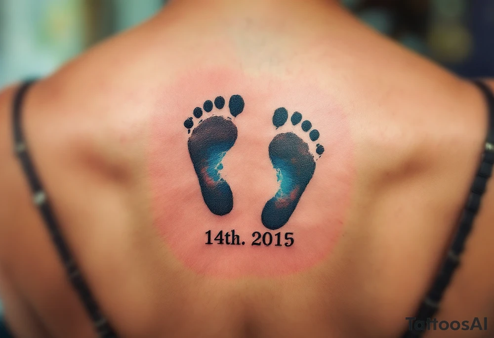 Baby footprints in black ink with the child’s birth date in soft blue or pink beneath commemorate a mother’s most treasured moment. tattoo idea