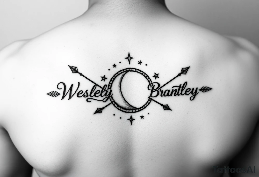 Name tattoo with Wesley Brantley Logan with arrows infinity moon and stars tattoo idea