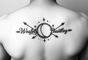 Name tattoo with Wesley Brantley Logan with arrows infinity moon and stars tattoo idea