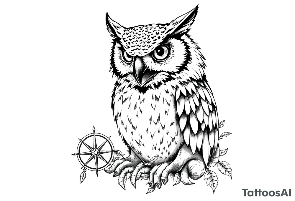 an owl,a compass,landscape. tattoo idea
