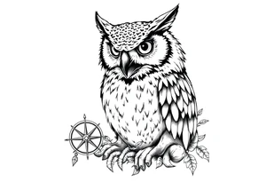 an owl,a compass,landscape. tattoo idea
