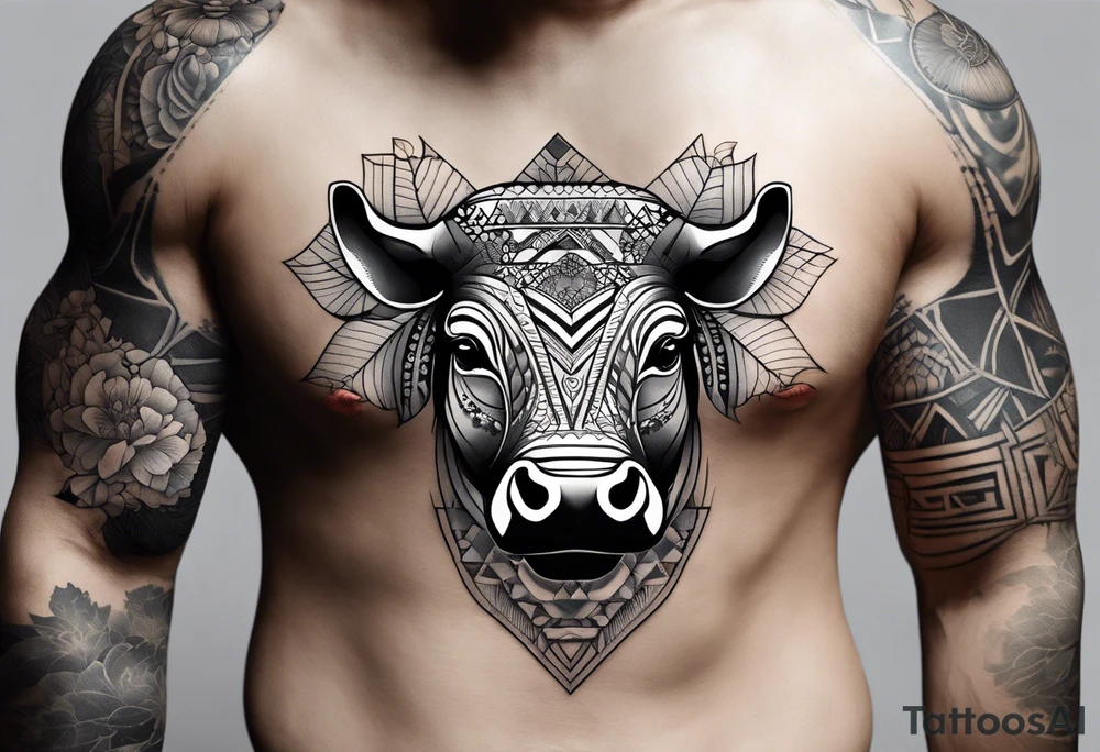 Very asymmetrical, +geometric pattern, with realistic full moon, with hippo,+tribal, +geometric, +inkart , +blackwork, +grey scale, + sketch
with wintersweet flower bud, +for men, detailed layering , modify from my favourites , dont look like a cow tattoo idea