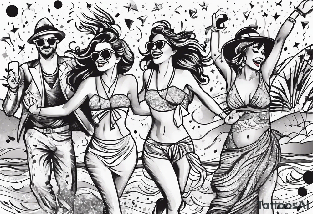 vintage beach dance party with music and confetti tattoo idea