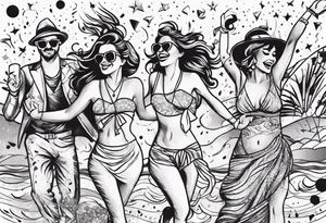 vintage beach dance party with music and confetti tattoo idea