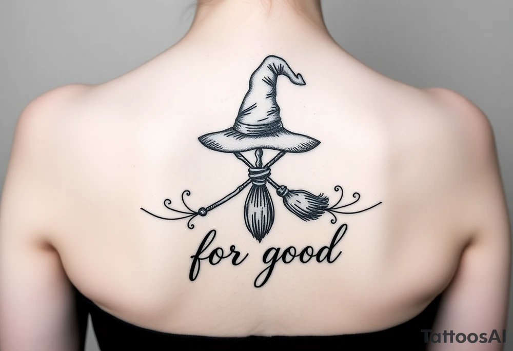 Wicked theme with a wand, broom crossing each other & witch hat. Then the lettering “for good” tattoo idea