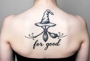 Wicked theme with a wand, broom crossing each other & witch hat. Then the lettering “for good” tattoo idea