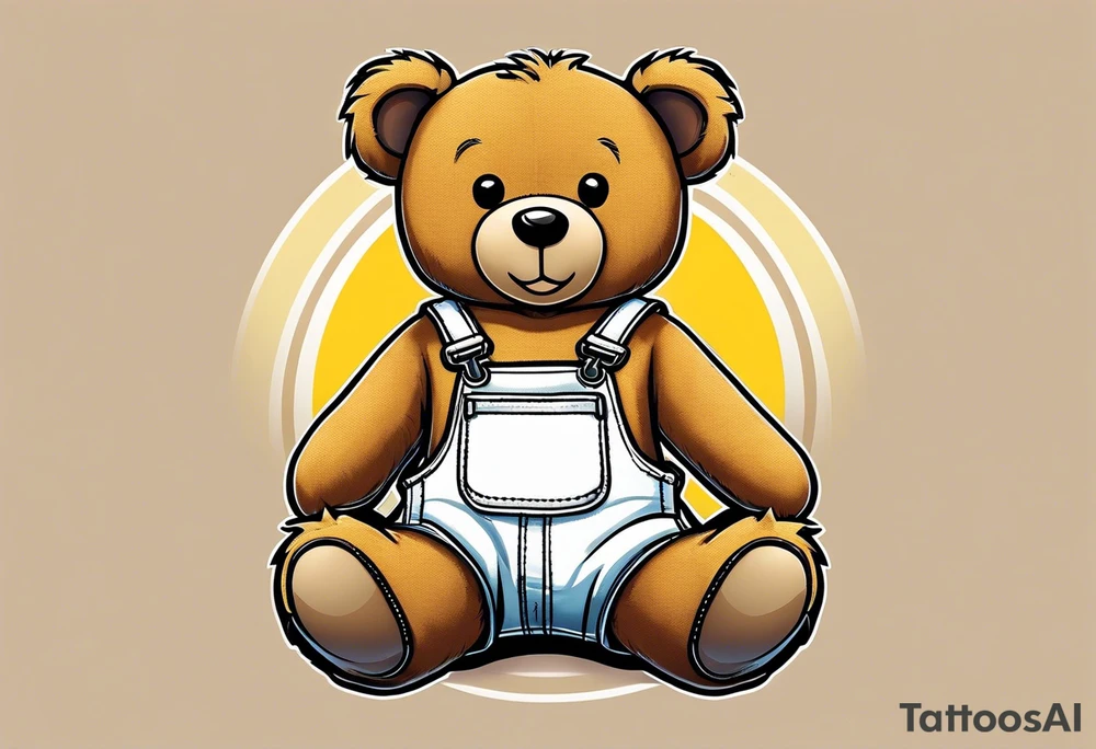 image of the back of a light brown teddy bear standing in yellow overalls, white tank top, striped boots and holding his left arm up tattoo idea