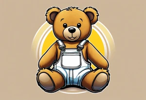 image of the back of a light brown teddy bear standing in yellow overalls, white tank top, striped boots and holding his left arm up tattoo idea