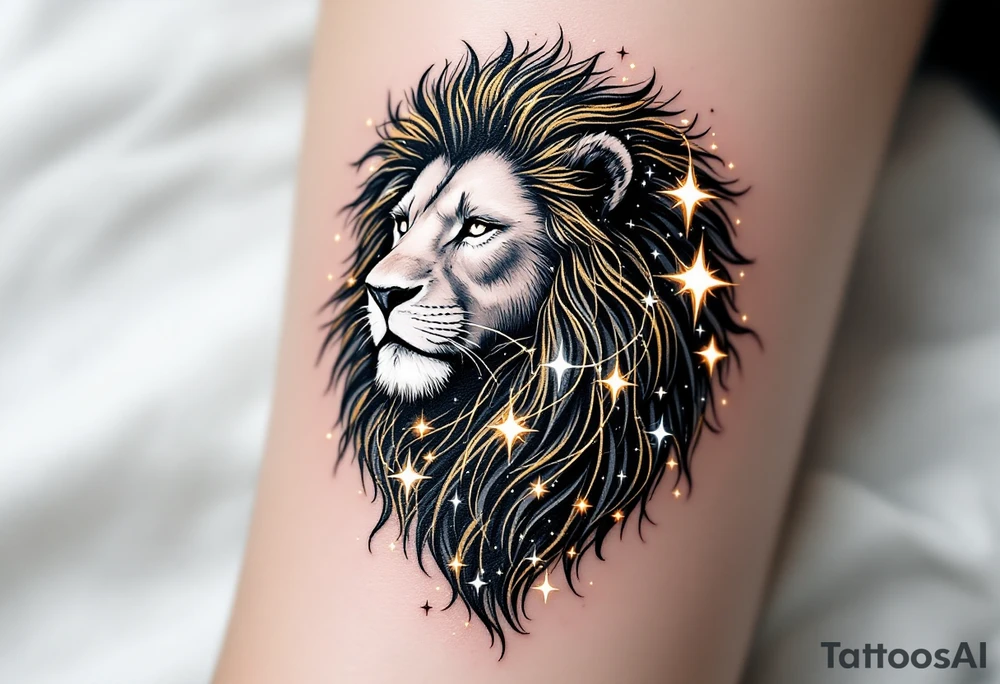 A stylized lion made of swirling gold lines emerges from a starry sky, with the Leo star constellation glowing in white across its mane. tattoo idea