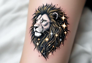A stylized lion made of swirling gold lines emerges from a starry sky, with the Leo star constellation glowing in white across its mane. tattoo idea
