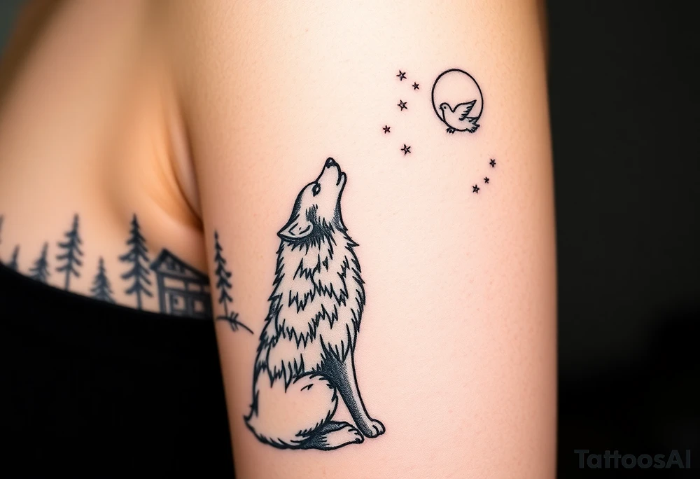 Lone wolf howling at the moon stars in the night sky in a forest with a little dove in the sky tattoo idea