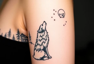 Lone wolf howling at the moon stars in the night sky in a forest with a little dove in the sky tattoo idea