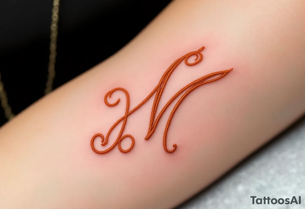 A stitched "M" design in warm beige and thread-red, resembling embroidery. tattoo idea