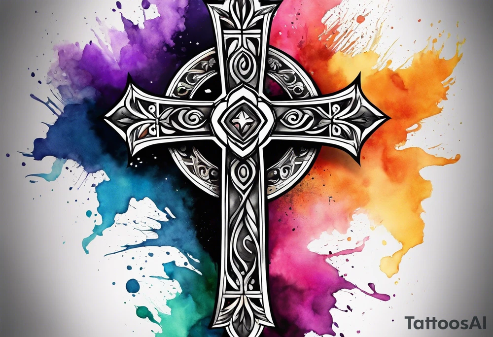 black stroke cross with watercolor backgound tattoo idea