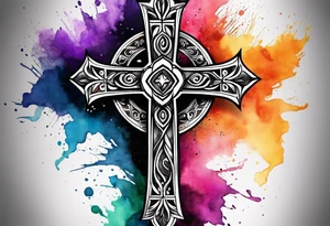 black stroke cross with watercolor backgound tattoo idea