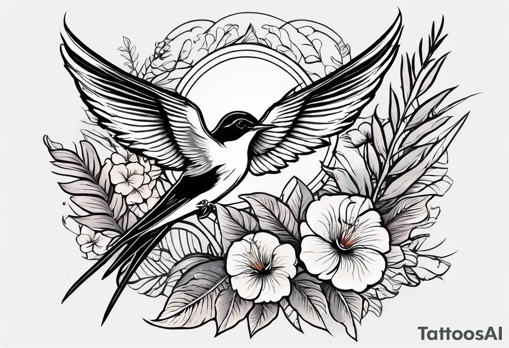 Swallow birds and floral background with ferns tattoo idea