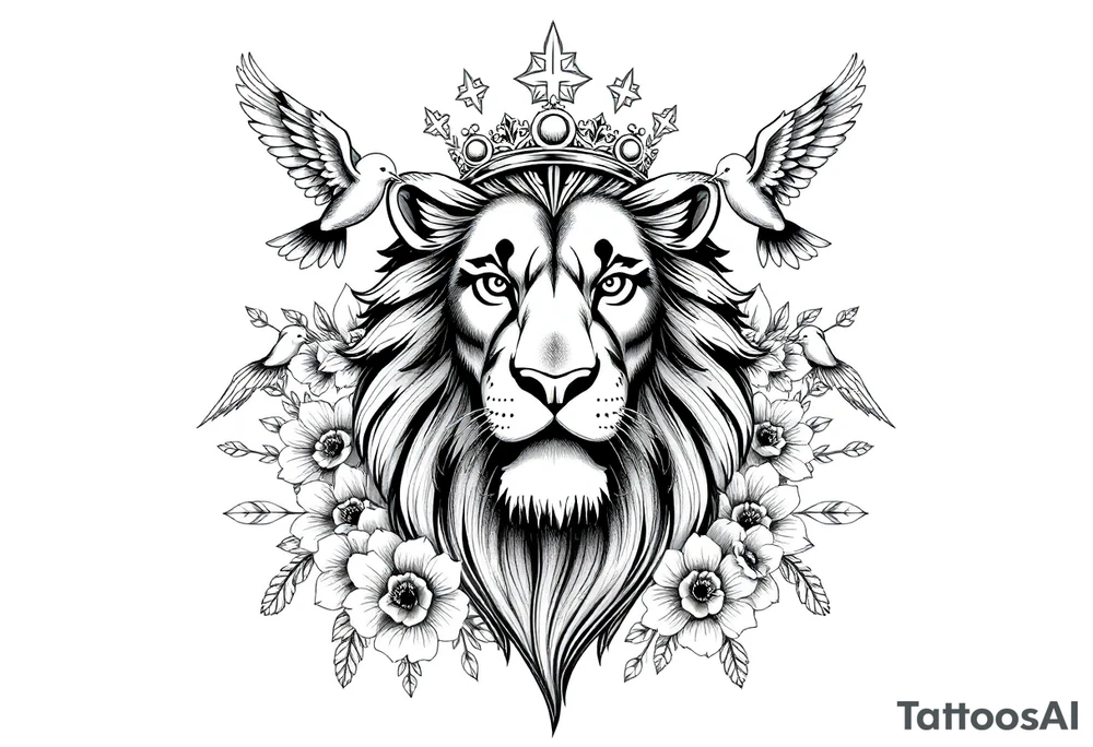 powerful majestic lion with a crown, surrounded by floral ornaments and birds tattoo idea