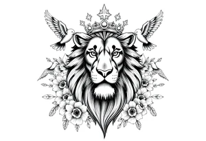 powerful majestic lion with a crown, surrounded by floral ornaments and birds tattoo idea