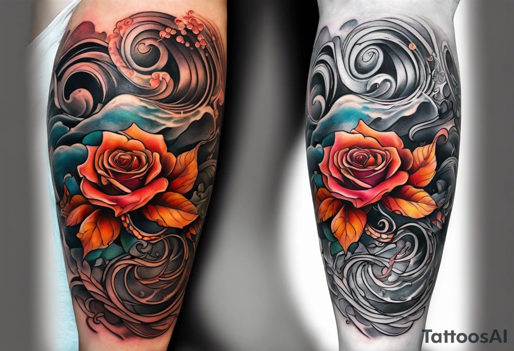Left thigh tattoo with an octopus in water swirls wrapping around rocks, a rose, in fall colors tattoo idea