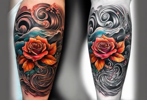 Left thigh tattoo with an octopus in water swirls wrapping around rocks, a rose, in fall colors tattoo idea