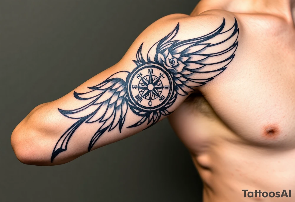 Wing with compass  a clock  with roses tattoo idea