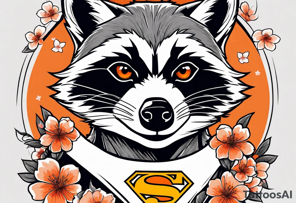 Raccoon wearing a white Superman logo on a black hoodie and orange Japanese cherry blossoms tattoo idea